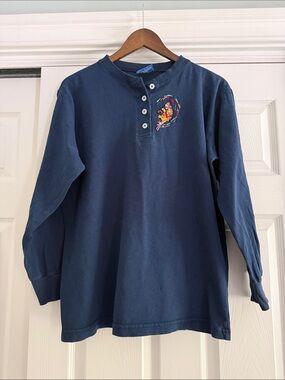 Navy Long-Sleeve Henley Top with Embroidered Winnie the Pooh Graphic